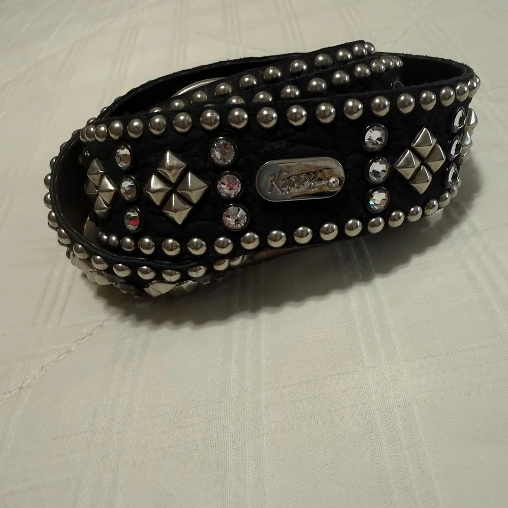 Kippys Black Studded Leather Belt with Crystal Accents